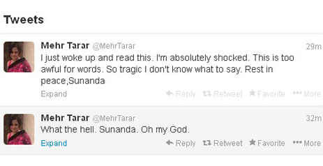 mehr tarar tweets on sunanda suicide