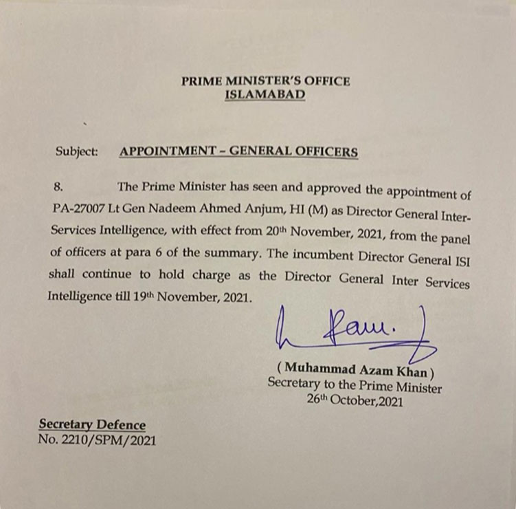 appointment letter of isi chief gen nadeem anjum by pm imran khan